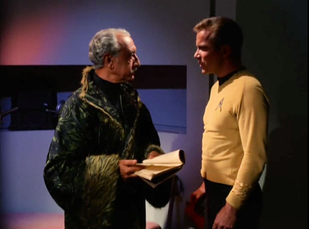 Image from Star Trek episode The Conscience of the King showing Karidian and Kirk