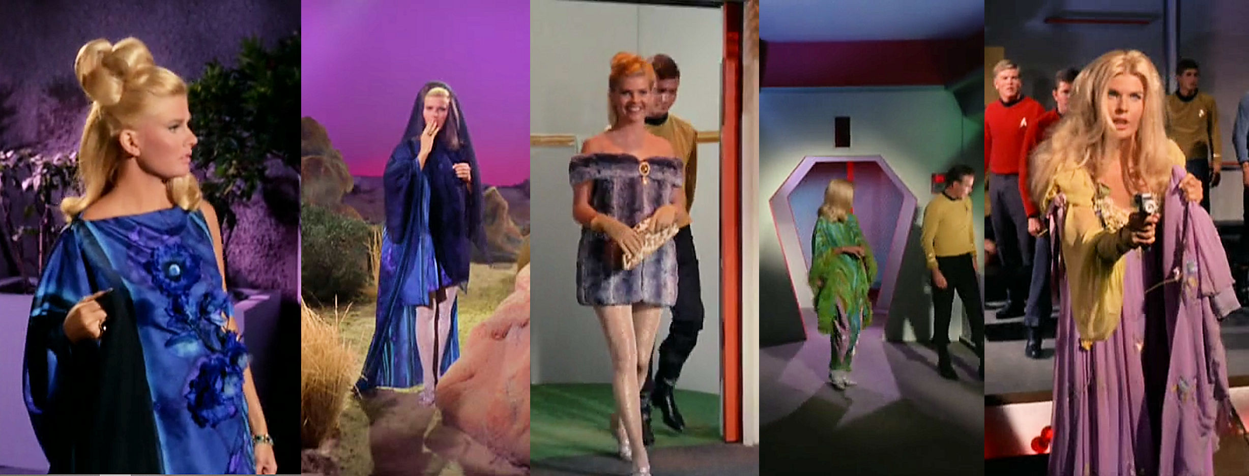 Images from Star Trek episode The Conscience of the King showing Lenore in various eccentric wardrobes