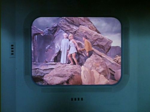 Image from Star Trek episode The Menagerie, showing Vina and Pike on Talos IV with the Keeper