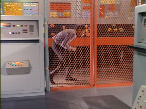 Image from Star Trek episode The Menagerie showing Spock walking in a stooped position on Starbase 11