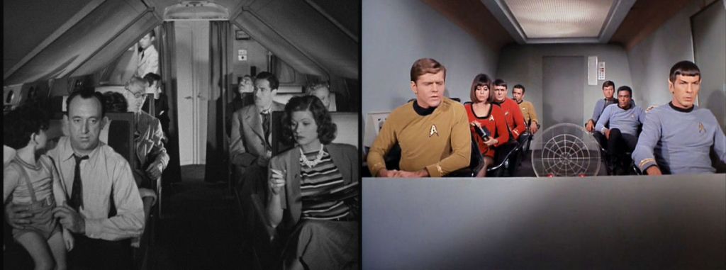Image of passengers from 1939 film Five Came Back (left), image of 7 crew members from the Star Trek episode The Galileo Seven (right)