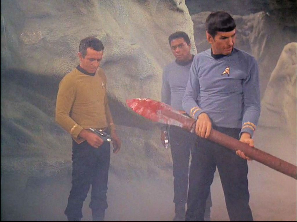 Image from Star Trek episode The Galileo Seven showing Gaetano, Boma, and Spock on alien planet
