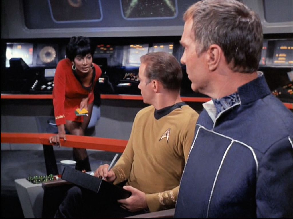 Image from Star Trek episode The Galileo Seven with (left to right) Uhuru, Kirk, and Ferris on bridge of Enterprise